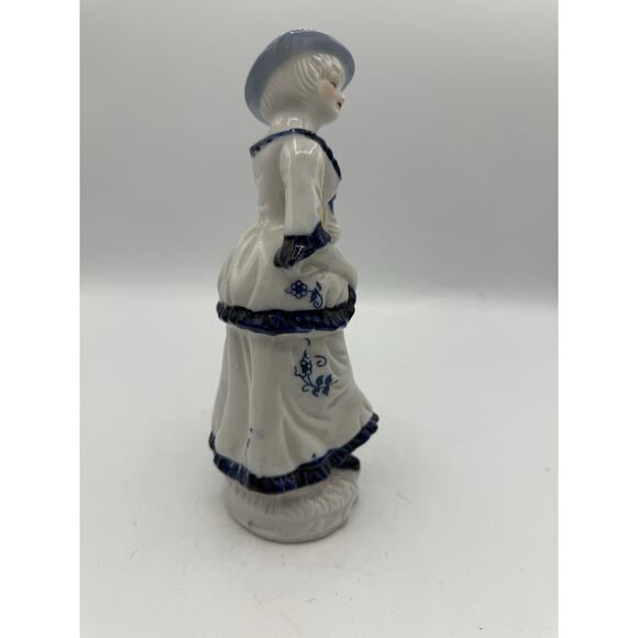 Vintage Blue White Porcelain Lady Figurine with Harp Gold Trim 7.5” Tall - Picture 2 of 7